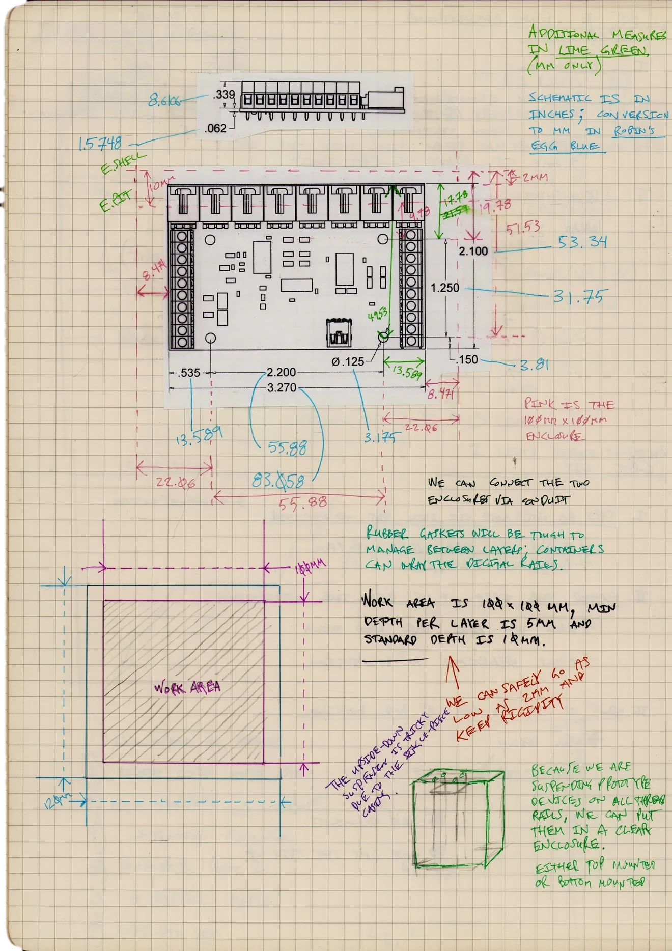 A hand-drawn notebook page with a dimensioned mechanical drawing of an electronics enclosure and circuit board, measurements called out on every edge.