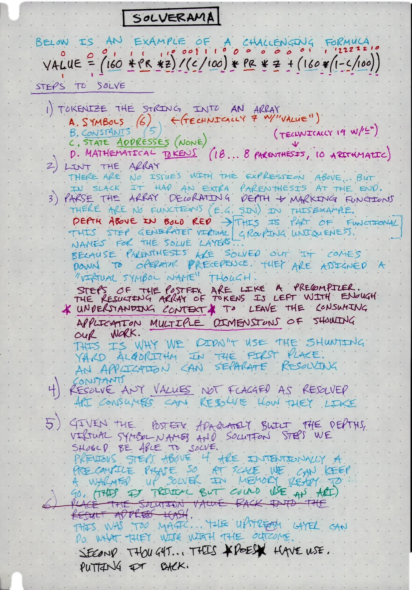 A hand-drawn notebook page working through the same expression solver again, sketching how the tokens and operators resolve.