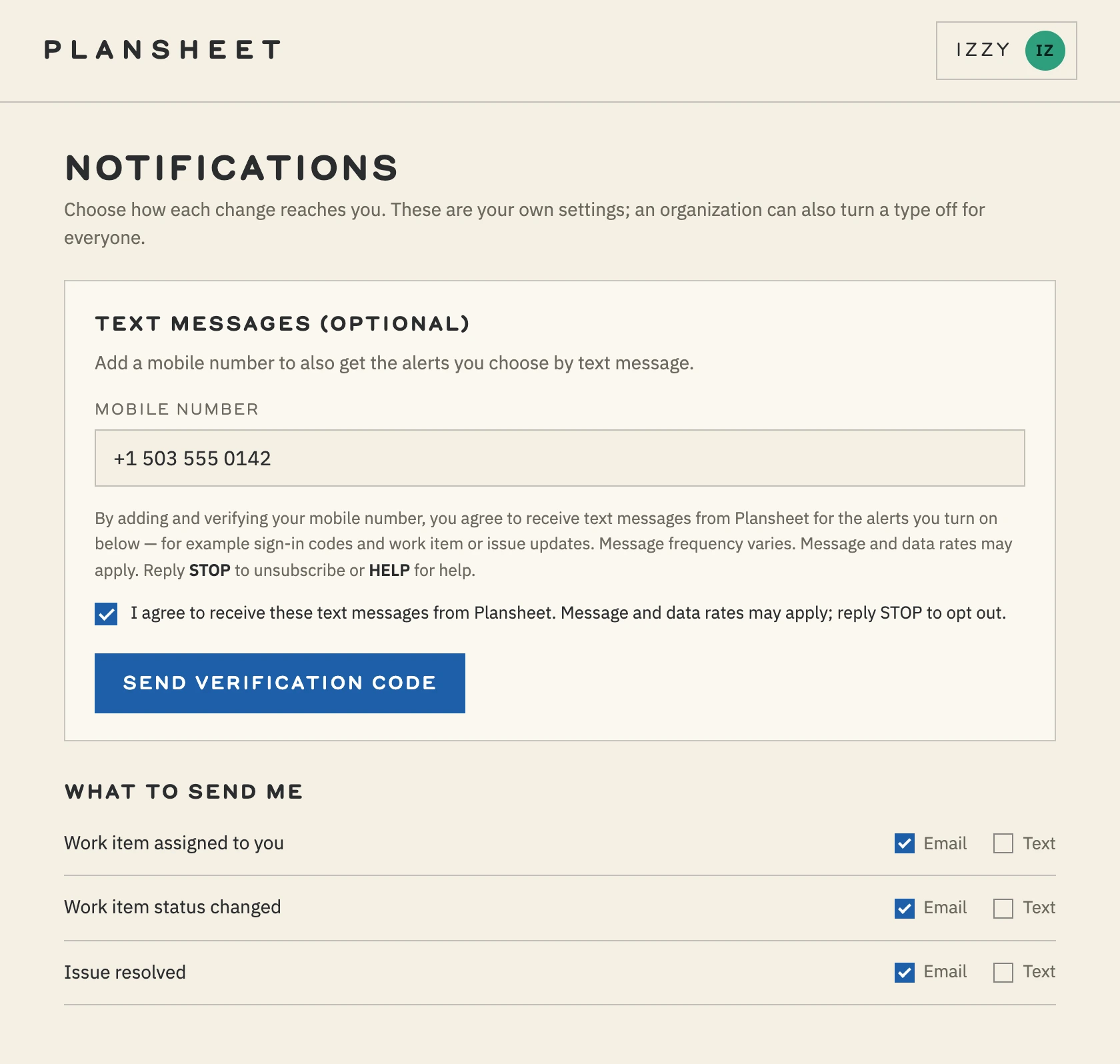 Plansheet notification settings in the light theme. A Text Messages panel shows a mobile number field, consent language stating message frequency varies and that message and data rates may apply with STOP to unsubscribe and HELP for help, a checkbox reading 'I agree to receive these text messages from Plansheet' that must be ticked before the Send Verification Code button turns on, and a list of alert types each with an Email and a Text switch.