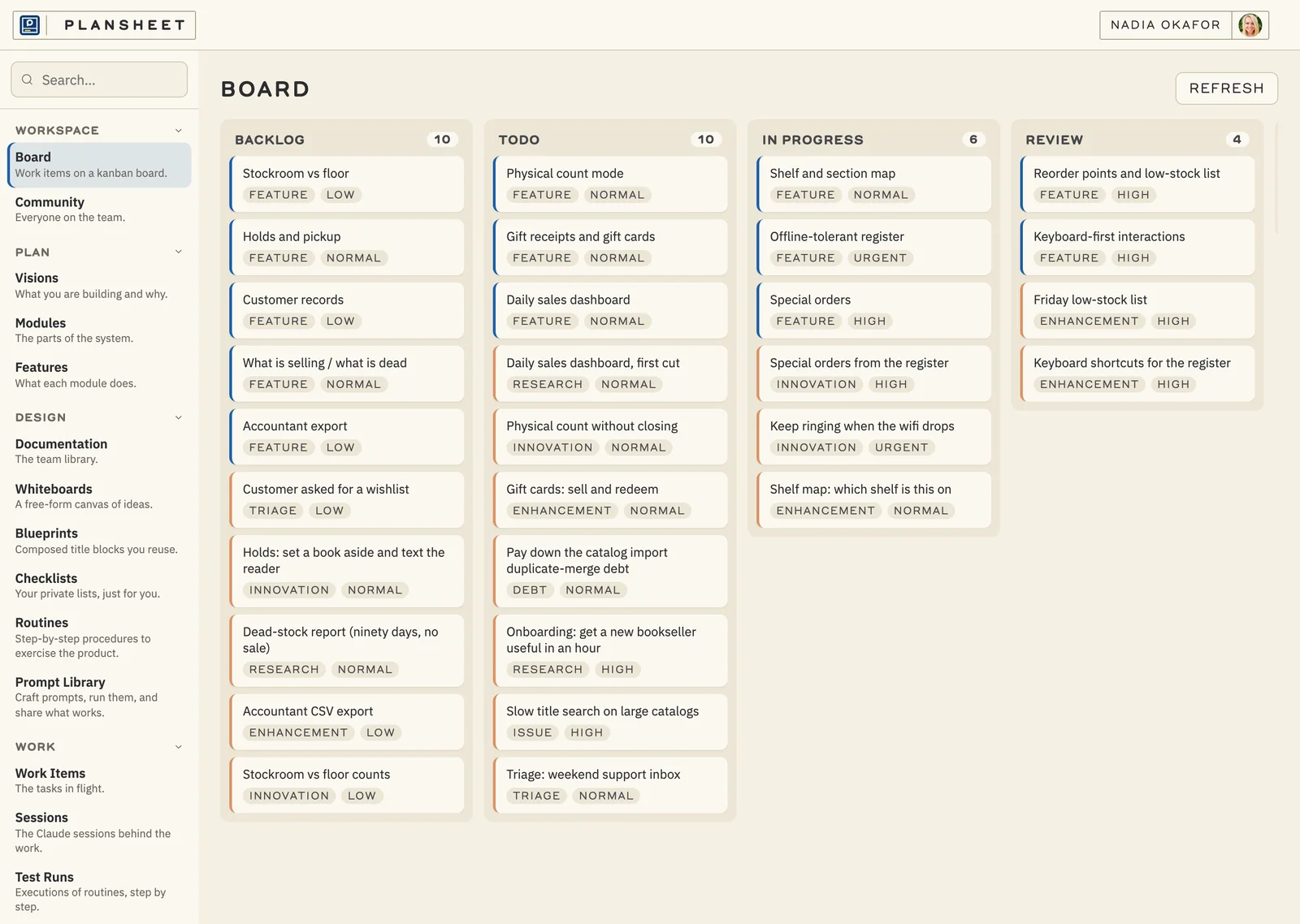 The Marginalia board in Plansheet: work items across Backlog, Todo, In Progress, and Review lanes.