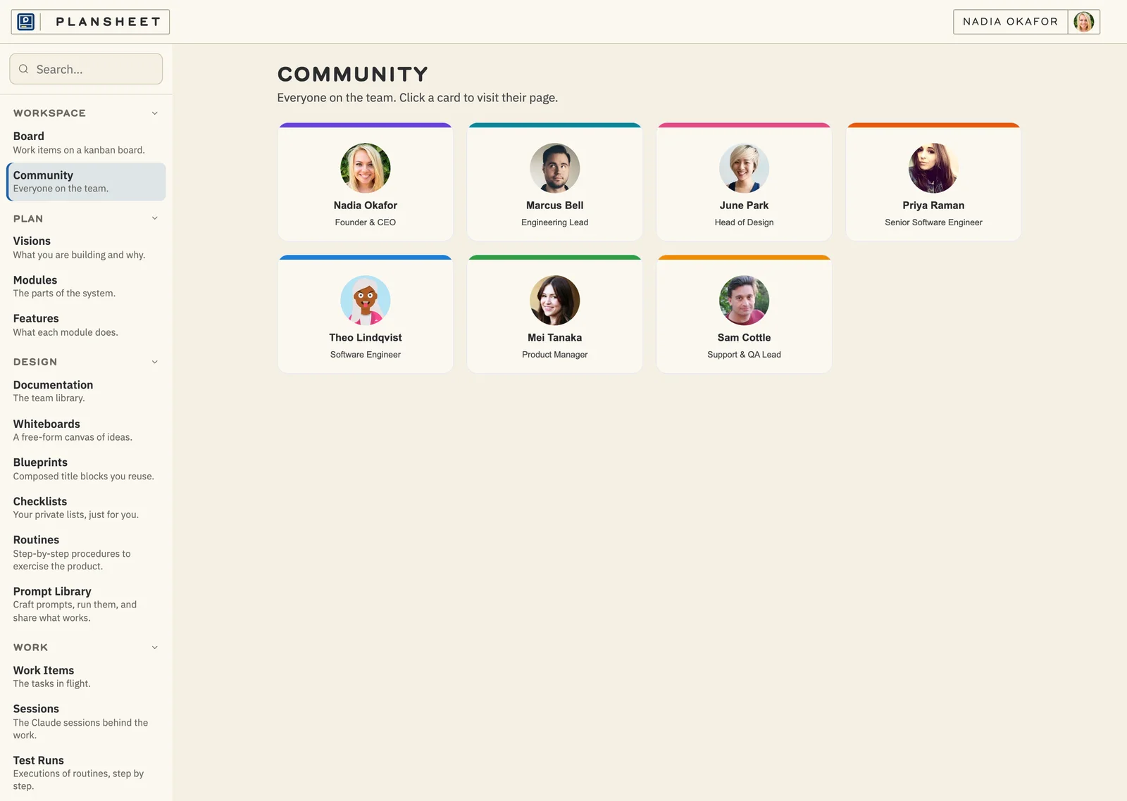 The Marginalia team in Plansheet's community page: seven people with photos, names, and roles.