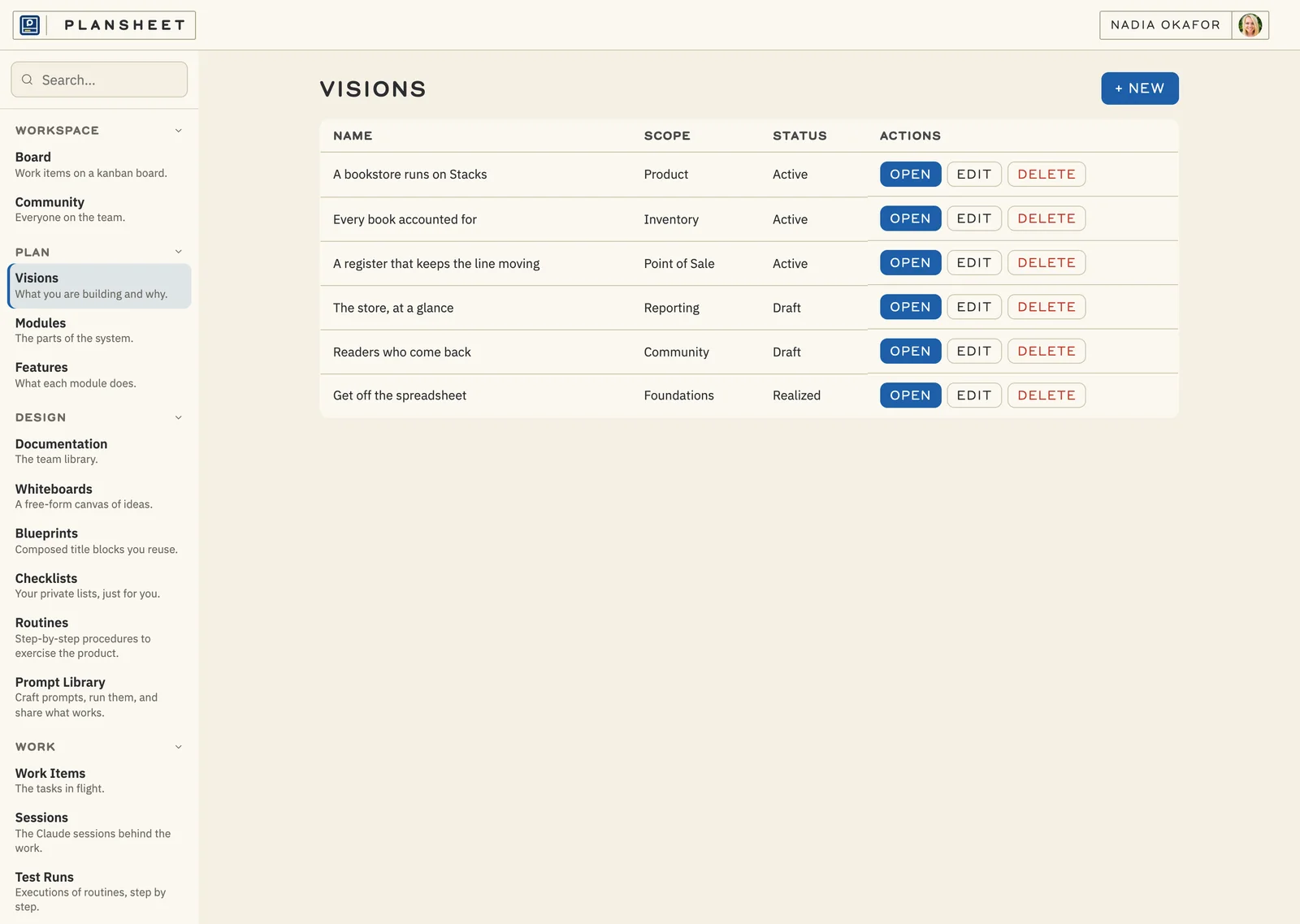Marginalia's six visions in Plansheet, each with a scope and status.