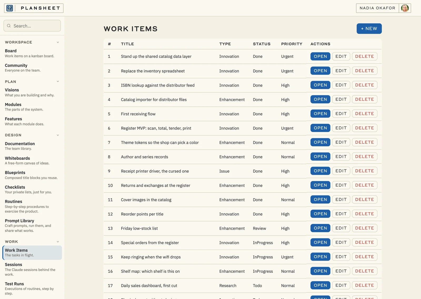 Marginalia's Stacks work items in Plansheet, each with type, status, and priority.