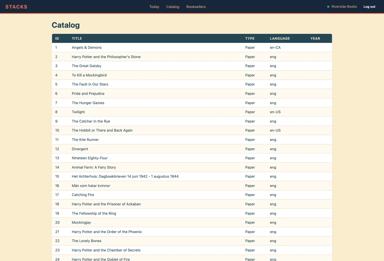 Stacks, the bookstore software: the catalog, a table of book titles, types, and languages.