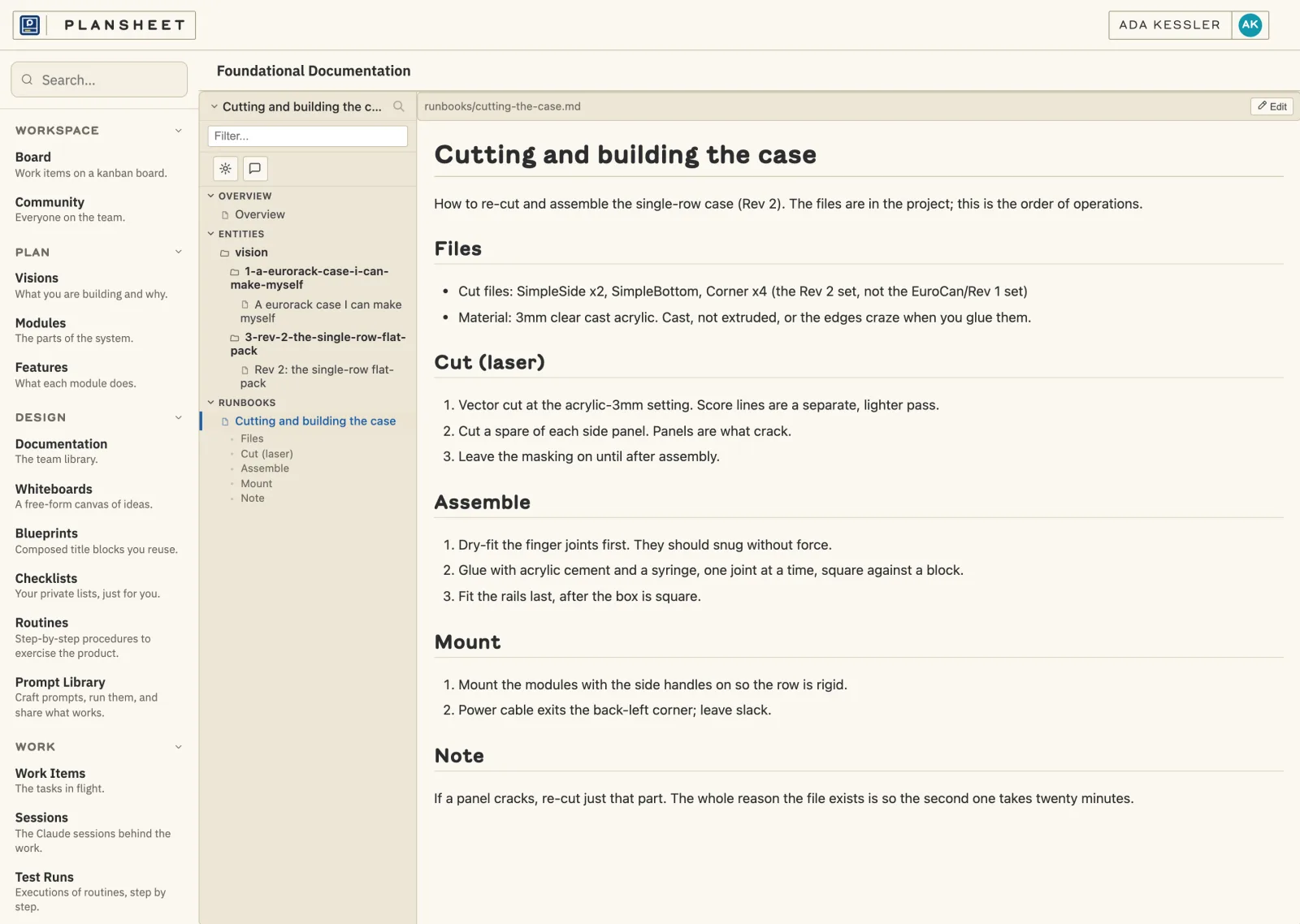 The build how-to in Plansheet's documentation library: cutting and assembling the case.