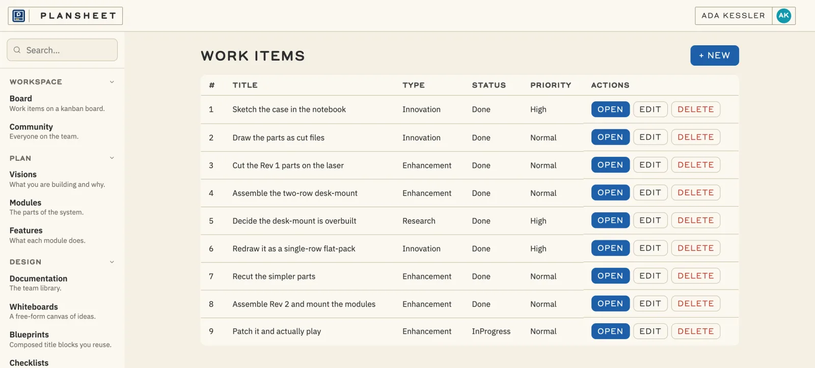 The nine work items for the case in Plansheet, from sketching the notebook page to mounting the modules, each with type and status.