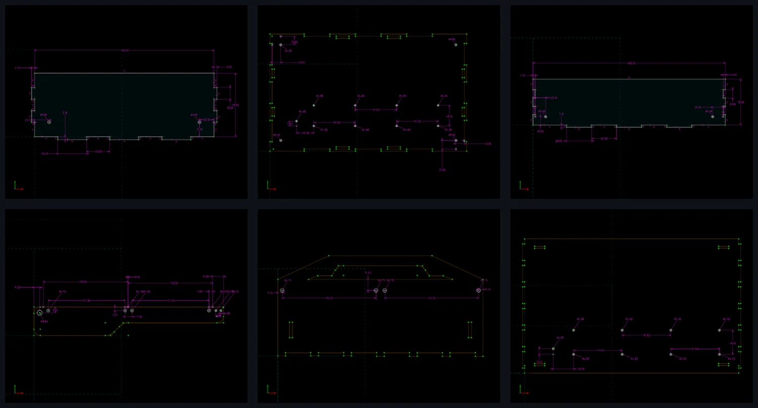 Six CAD cut files for the case parts, white line outlines on a dark grid: side panels, base, brackets, all with finger joints.