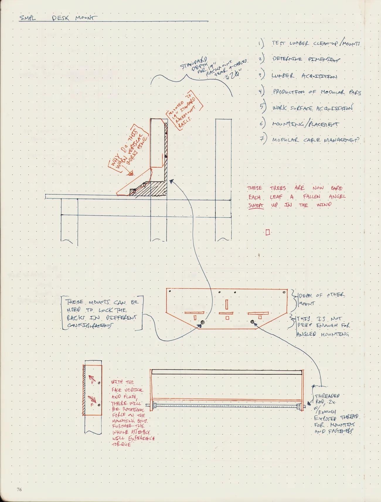 A hand-drawn notebook page: the case and its desk mount sketched in pencil, with a numbered build plan down the margin.