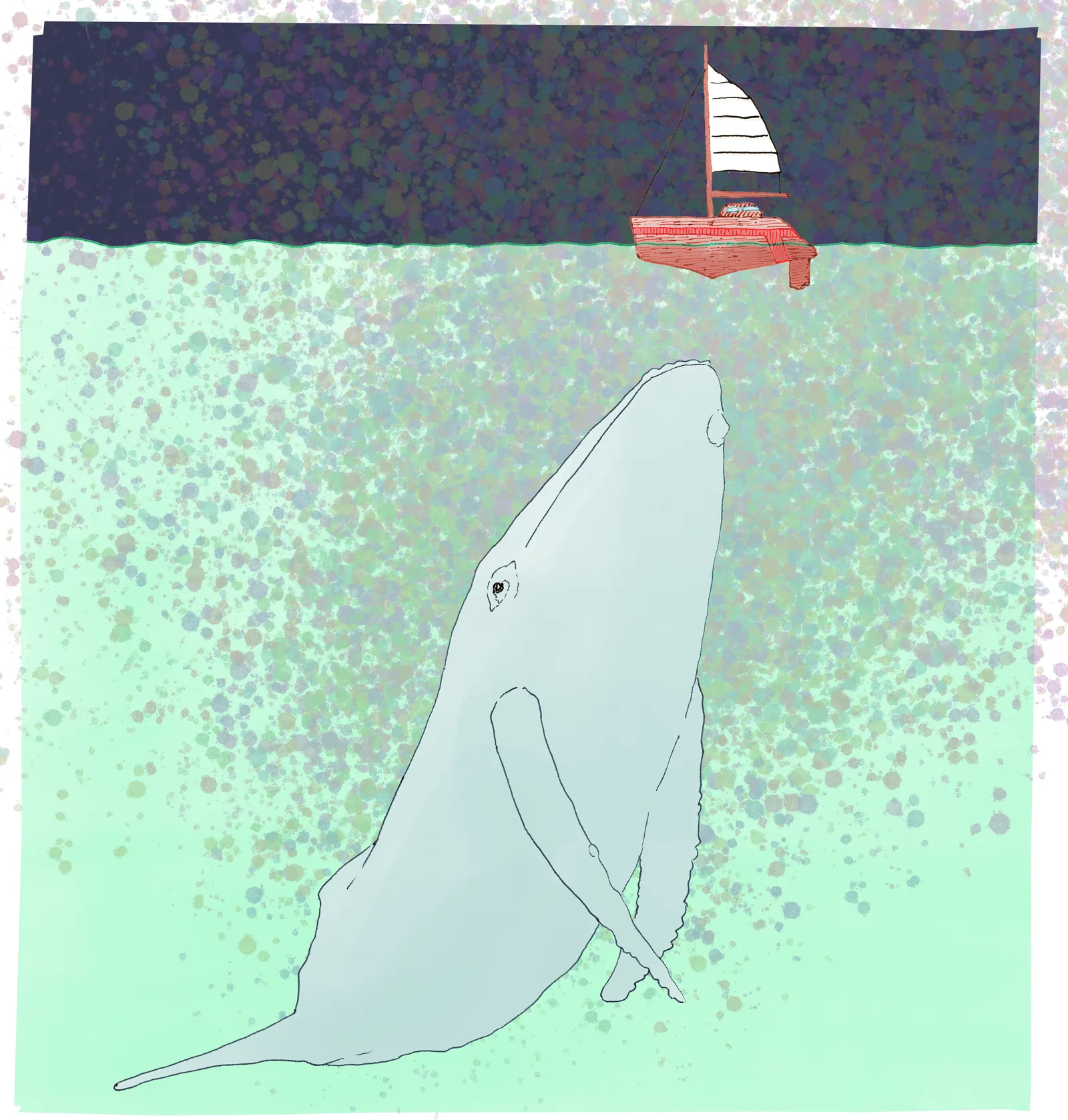 The finished colored artwork with the brainbows: dense multicolored confetti speckle bursting off the whale into the navy sky.