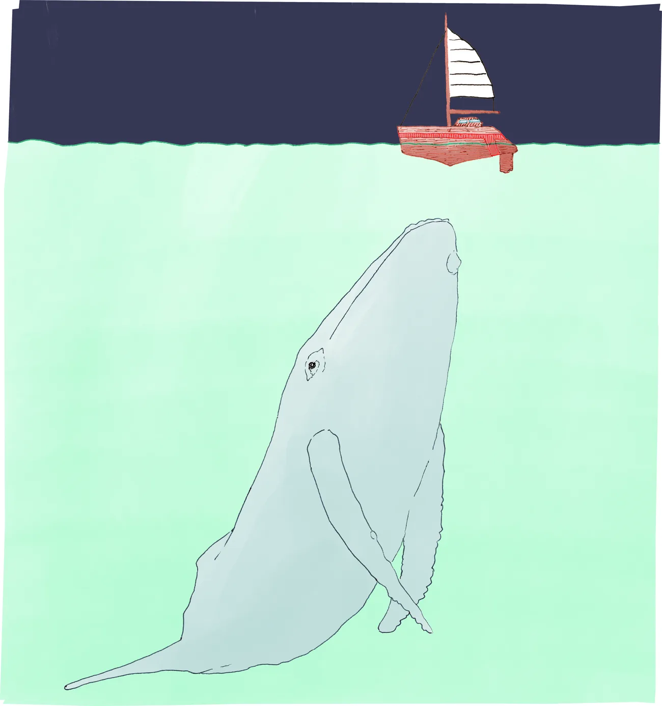 The whale composition colored flat in Procreate: pale whale, mint water, navy sky band, red sailboat, with only light speckling.