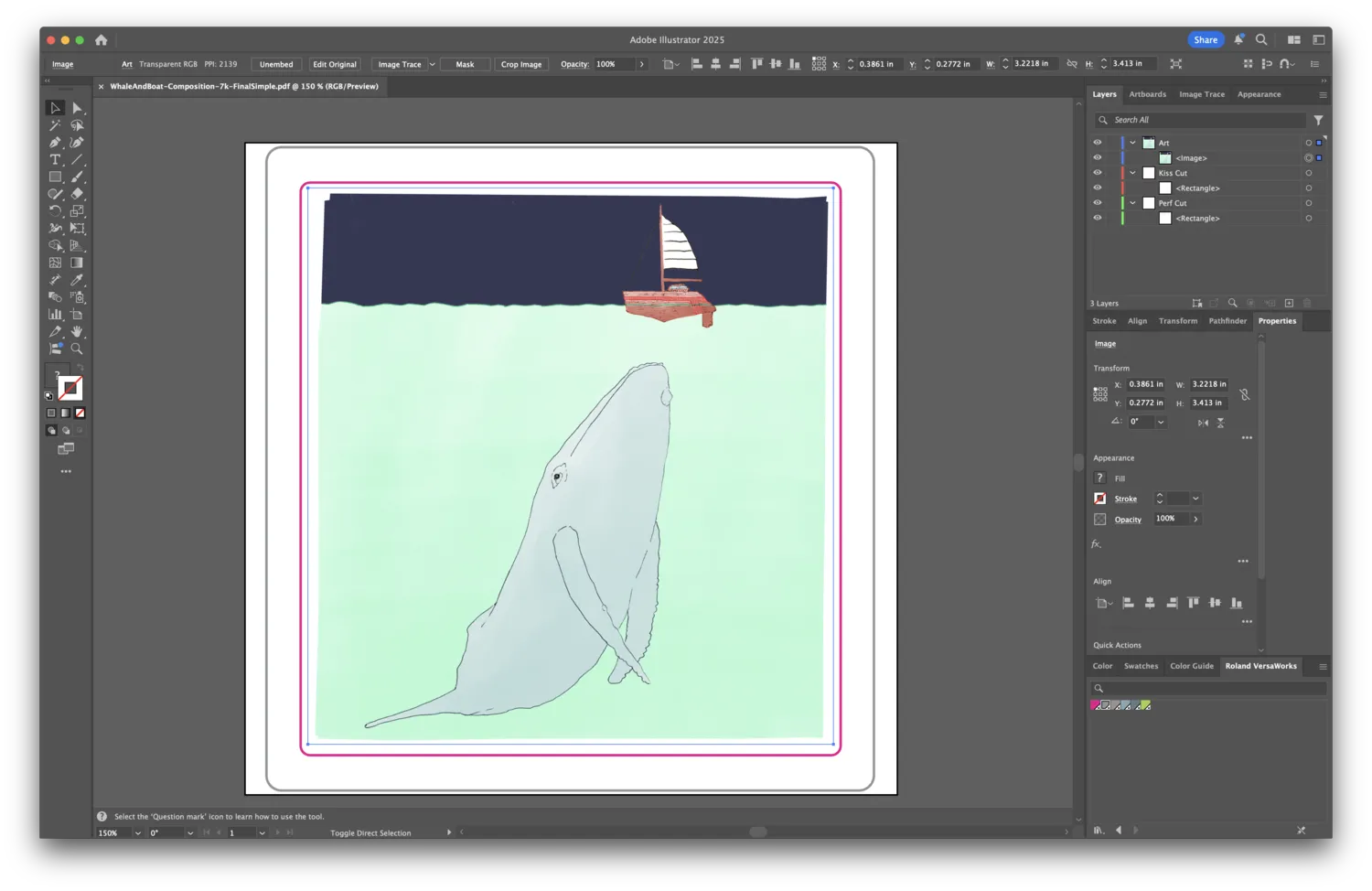 Adobe Illustrator open with the whale artwork on the artboard, set up for sticker layout and cut lines.