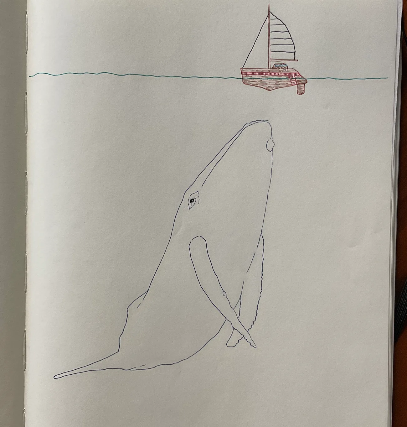 The finished pencil and ink line art in the sketchbook: a humpback whale rising toward a small red sailboat on a blue waterline.