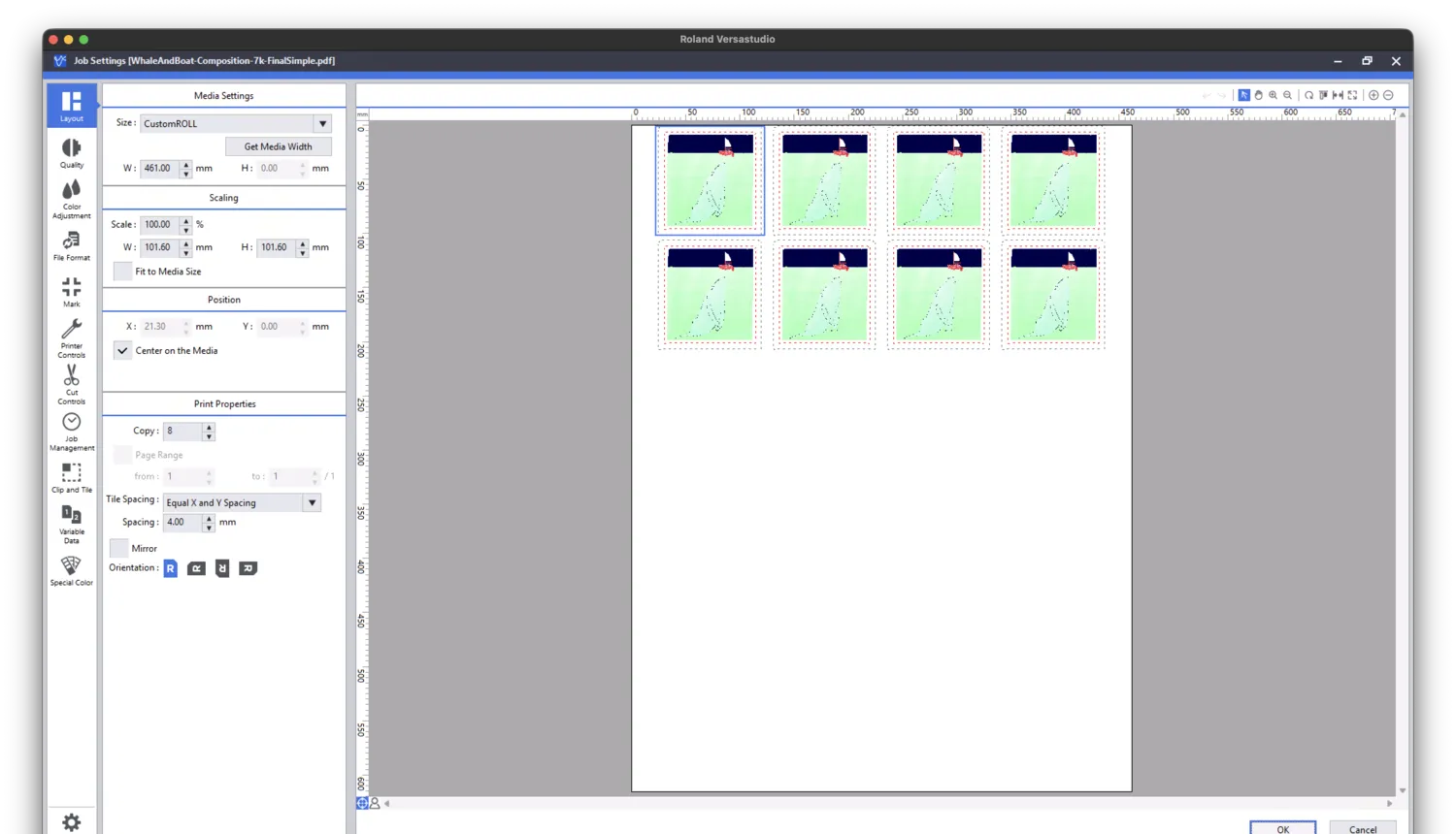 Prepress software showing the whale sticker laid out in a grid of copies for the print run.