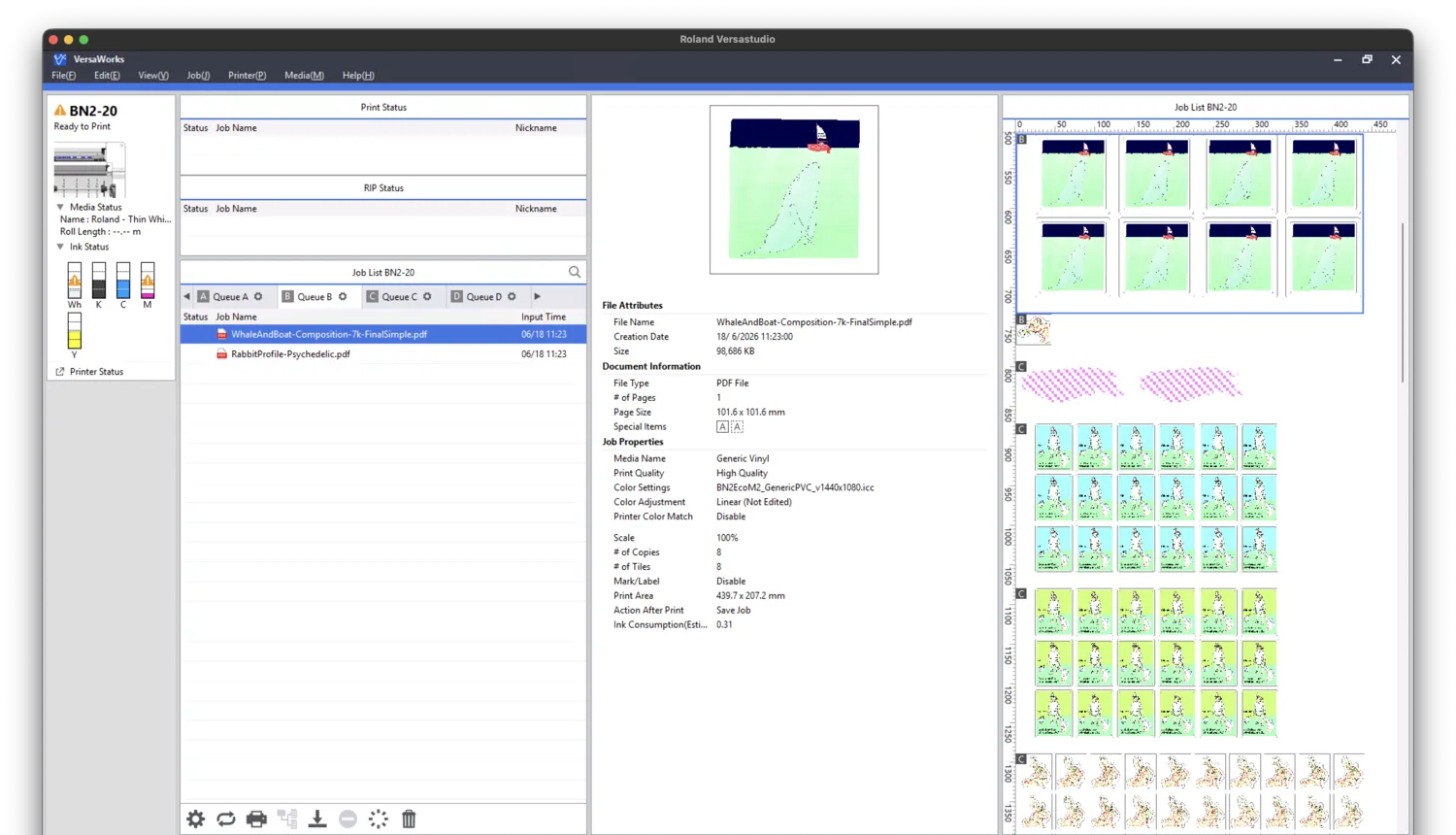 Roland VersaWorks RIP software showing the whale sticker tiled in many color-managed copies, queued for production.