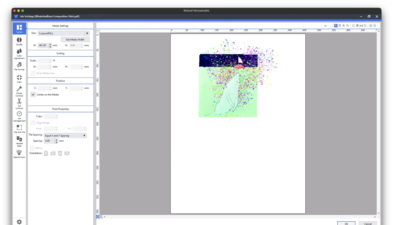 The shirt version of the whale composition loaded in the Roland print job settings, the brainbows vivid in the print preview.